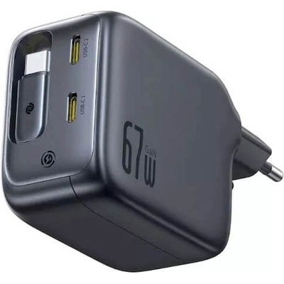 Baseus Захранване за ел. мрежа с вграден USB-C кабел и 2xUSB-C изход с технология за бързо зареждане - Baseus EnerCore CJ11 GaN Fast Wall Charger with USB-C Ports and Retractable USB-C Cable 67W (черен) (E0121E00)