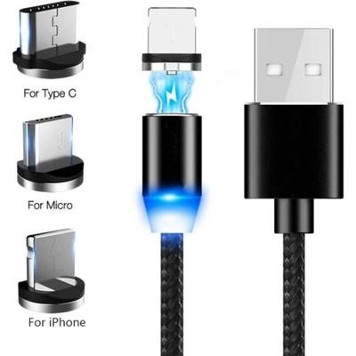 LED Magnetic nabíjací kábel 3in1 s vymeniteľnými konektormi Lightning, USB C a Micro USB, 1m/2m Dĺžka: 2m
