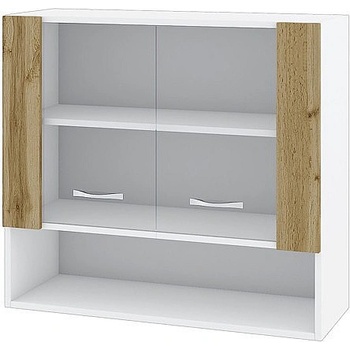 ИРИМ Горен шкаф с две витринни врати и ниша Сити БДД-10 бяло гладко / дъб дакота 80 см