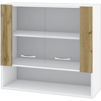 ИРИМ Горен шкаф с две витринни врати и ниша Сити БДД-10 бяло гладко / дъб дакота 80 см