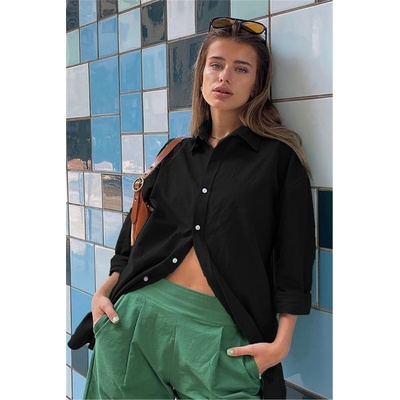 Madmext Дамска ленена Oversize риза MG1369 - Черна #327818 (327818_Черно)