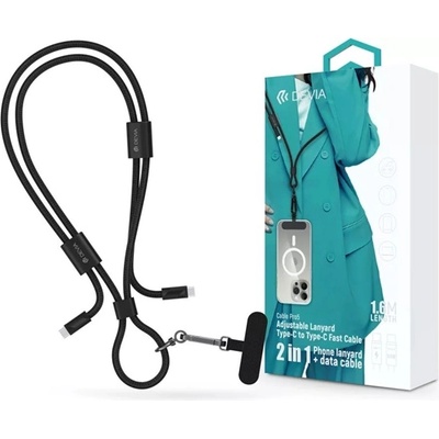DEVIA ST124950 Кабел Pro5 Woven 1, 6 м 60W PD Type-C - Type-C черен кабел за данни и зареждане + каишка за врата (ST124950)