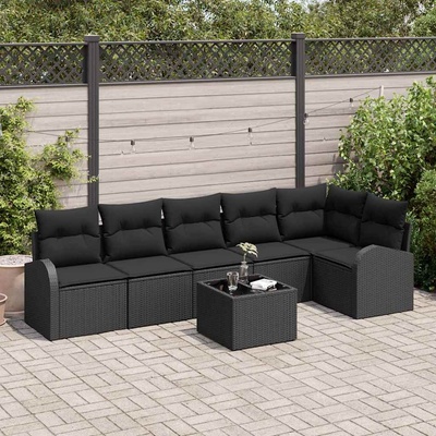 vidaXL Градински Софа Комплект с възглавница 7 pcs Черно Полиратан (3346073)