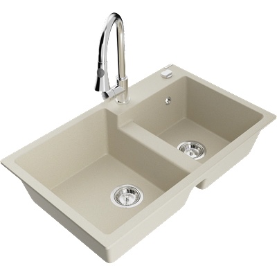 Mexen Tomas гранитна мивка с две отделения и кухненски смесител Elia, бежов - 6516-69-670101-00 (6516-69-670101-00)