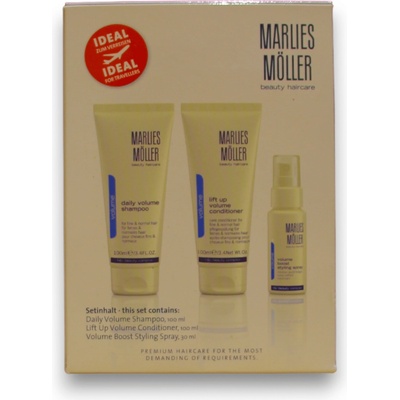 Marlies Moller Комплект за перфектен обем Marlies Moller: Дневен обем Шампоан за коса 100 мл + повдигане Балсам за коса За обем 100 мл + Обем Спрей за коса За стилизиране 30 мл