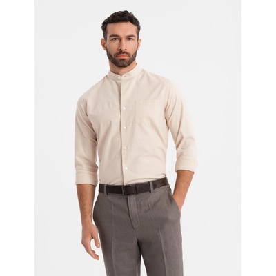 Ombre Clothing Мъжка памучна риза с права яка и джоб REGULAR FIT - кремаво Ombre Clothing | Byal | МЪЖЕ | S