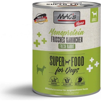 MAC's Mono Sensitive Dog Food - Балансирана консервирана храна за кучета с чувствителен стомах, без зърно, със заешко месо, картофи и грах, 800 гр