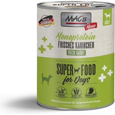 MAC's Mono Sensitive Dog Food - Балансирана консервирана храна за кучета с чувствителен стомах, без зърно, със заешко месо, картофи и грах, 800 гр