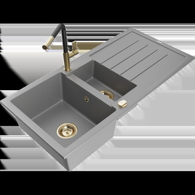 Andres гранитна мивка 1, 5-коморна с отцедник и кухненски смесител Flora, сива - 6515-71-670401-57-G (6515-71-670401-57-G)