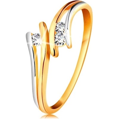 Šperky eshop diamantový zlatý prsten 585 tři zářivé čiré brilianty rozdělená dvoubarevná ramena BT179.96