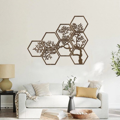 dřevo života Dřevěný strom na zeď HEXAGON Zvolte barvu dekoru: Ořech, Rozměry (cm): 110x88