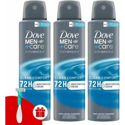 Dove Men+Care Clean Comfort deospray 3 x 150 ml + Dove holiaci strojček