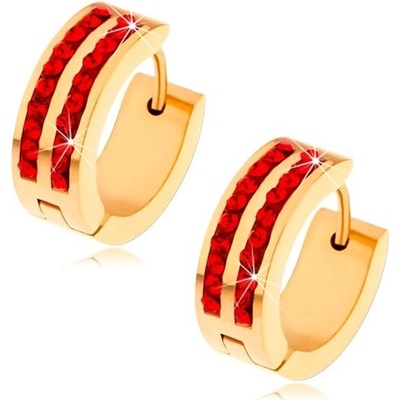Šperky eshop ocelové náušnice zlaté barvy dvě svislé linie rubínů červených zirkonů S81.15