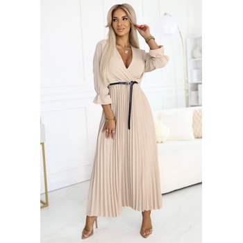 Numoco 462-5 SERENA Плисирани макси рокли с деколте, колан и 3/4 ръкави - ТЪМНОБЕЖОВИ numoco | Bezhov | ЖЕНИ | ONE SIZE