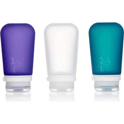 humangear GoToob+ Силиконова бутилка/касета за пътуване Опаковка от 3 100 ml прозрачна/лилава/тюркоазена (071103)