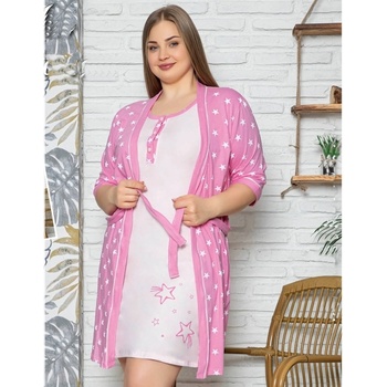Макси комплект от нощница и халат в розово със звезди