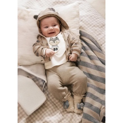 Mayoral Kомплект трико в бежово- суичър с точки, бяла блуза и панталон за новородено момиче Mayoral