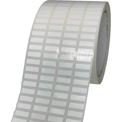 Plastová Etiketa 15 mm x 5 mm, 4 - produkcia, Polypropylén, Biela, Dutinka 76 mm, 10000 ks/kotúč, Permanentné lepidlo