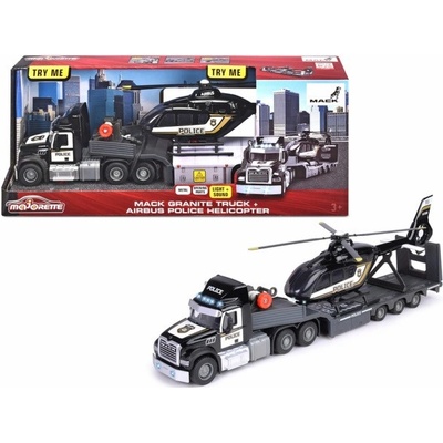 Majorette Tahač s přívěsem a policejní helikoptéra Mack Truck Police Helicopter se zvukem a světlem s gumovými kolečky délka 35 cm
