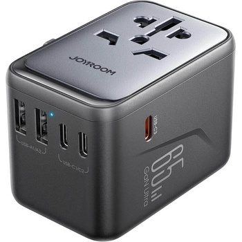 JOYROOM Gan Universal World Travel Adapter 65W - захранване с 2xUSB-А и 3xUSB-C изходи и преходници за цял свят в едно устройство за мобилни устройства (черен)