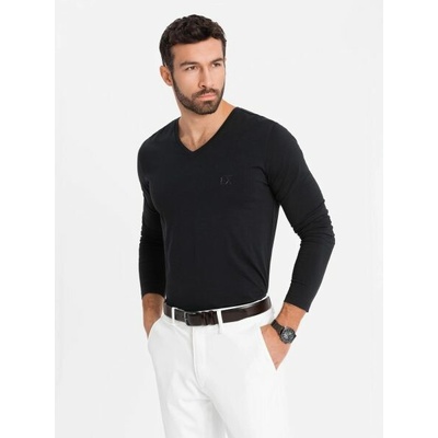 Trendy čierne tričko s dlhým rukávom s V-výstrihom s logom V1 LSBC-0123