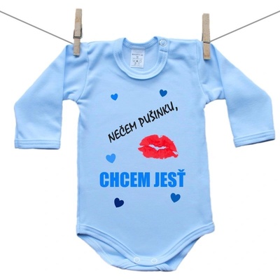 Boodyy Modré body s dlhým rukávom Nečem pušinku chcem jesť