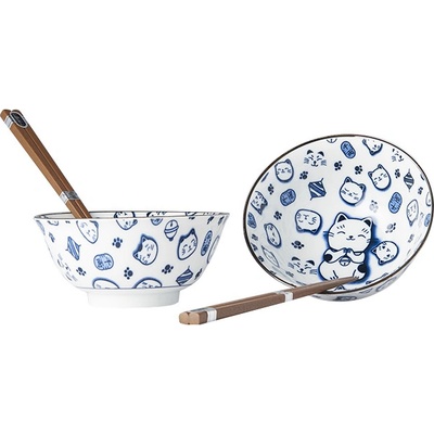 Made in Japan Set misek s hůlkami Maneki cat blue 400 ml 2 ks