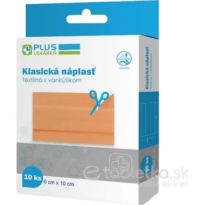 PLUS LEKÁREŇ Náplasť klasická textilná s vankúšikom, 6 x10 cm, 10 ks