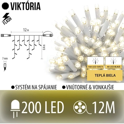 Viktória led svetelná záclona vonkajšia flash 200led 12m teplá biela flash prebliknutie teplá biela biely kábel