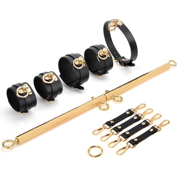 SuperLove Deluxe Metal Spreader Bar with Leather Cuffs, Collar & Hogtie Gold-Black