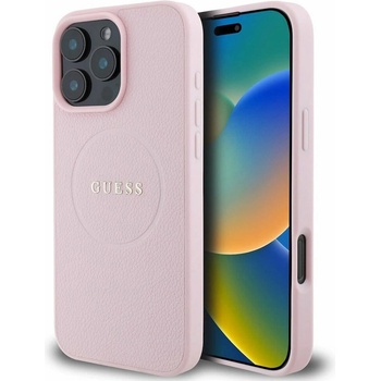 GUESS Калъф за Apple iPhone 16 Pro Max, хибриден (термополиуретан и полиуретан), Guess PU Grained Classic Logo MagSafe Leather Hard Case, удароустойчив, розов (GUHMP16XPGHSMMP)