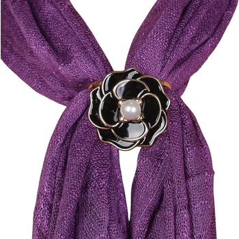 Златиста брошка-пръстен за шал - Черно цвете с перла