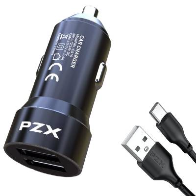 Зарядно устройство за кола PZX C915, от автомобилна запалка към 2x USB Type-A(ж), 5V, 2.4A, черно, с включен USB C кабел (C915 Type C)