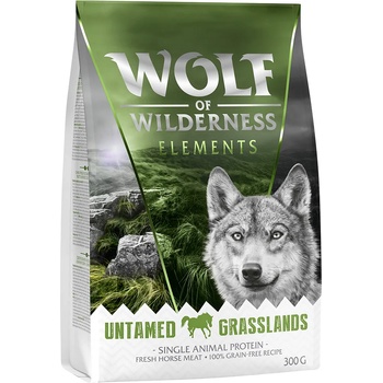Wolf of Wilderness Пробна опаковка Wolf of Wilderness суха храна за кучета - Untamed Grasslands с конско (Single Protein, 300 г)