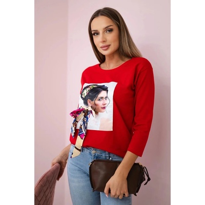 Blouse with 3D graphics and decorative pom pom red červená
