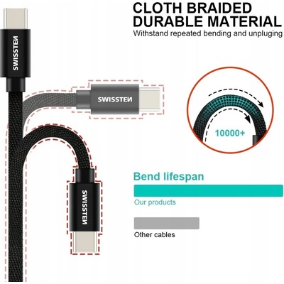 Swissten 71521202 USB 2.0 typ A na C, USB 2.0, zástrčka A - zástrčka C, opletený, 1,2m, šedý