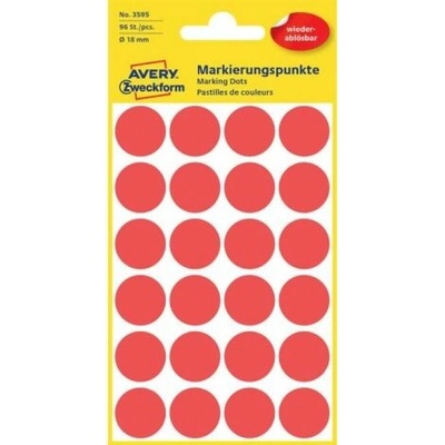 AVERY ZWECKFORM Etikety kulaté 18 mm odstranitelné červené 96 etiket bal 4 list