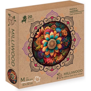 Milliwood Дървен пъзел Milliwood, Peace and Harmony, 206 ч. - Мандала, Листа (M-LeafOrnaments-5063-C) - bright-toys
