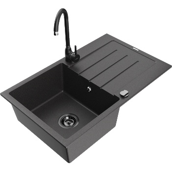 Mexen Bruno еднокамерен гранитен мивка с отцедник и кухненски смесител Telma, черно напъстрено - 6513-76-670200-70-B (6513-76-670200-70-B)