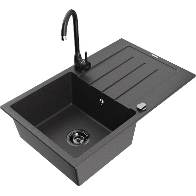 Mexen Bruno еднокамерен гранитен мивка с отцедник и кухненски смесител Telma, черно напъстрено - 6513-76-670200-70-B (6513-76-670200-70-B)