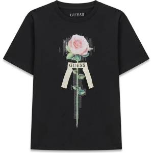 GUESS Детска памучна тениска Guess с нежна роза и 3D панделка в класически черен цвят