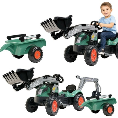 Falk Šliapací traktor Vintage 2054N s lyžicou bagrom a prívesom zelený