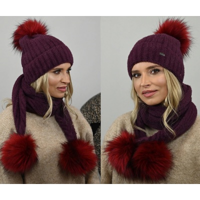 Fashionweek exkluzivní alpakový zimní set čepice a šála s bambulkami Jenot Zizi-AL4 švestková