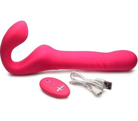 Strap U MightyThrust Thrusting & Vibrating Strapless StrapOn with Remote Pink