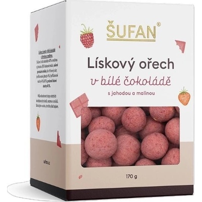 ŠUFAN Lískový ořech v bílé čokoládě s jahodou a malinou 170 g
