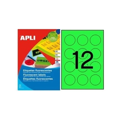 Etikety kruhové farebné priemer 60 mm APLI A4 20 hárkov fluo zelené