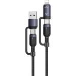 Yesido Кабел за данни 4 в 1 Yesido (CA200) - USB, Type-C към Type-C, Lightning, 60W, 480Mbps, 1.2m, алуминиева сплав - Черен
