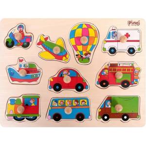 Pino Toys Детски дървен пъзел Pino - Превозни средства, с дръжки, 10 части (4312T-2) - ozone