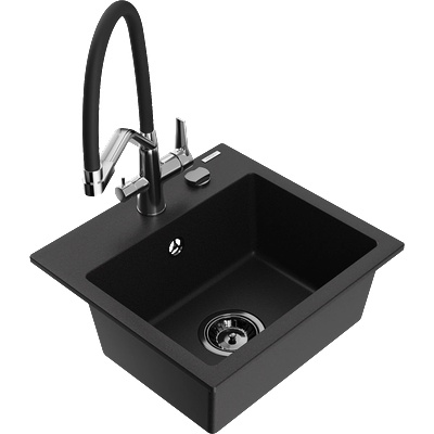 Mexen Milo гранитна еднокамерна мивка с кухненски смесител Duo, черен (6505-77-671701-07-B)