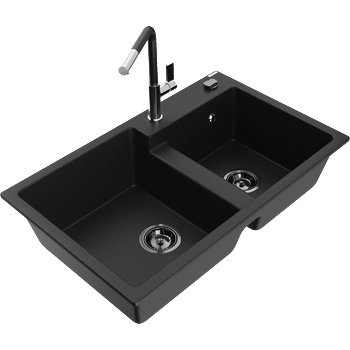 Mexen Tomas гранитна мивка с 2 камери и кухненски смесител Flora, черен - 6516-77-670401-07-B (6516-77-670401-07-B)